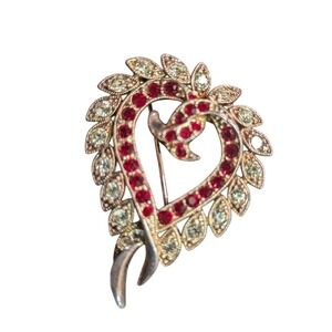 Heart-Shaped‎ Rhinestone Brooch With Red & Clear Stones In Silver-Tone  Love
